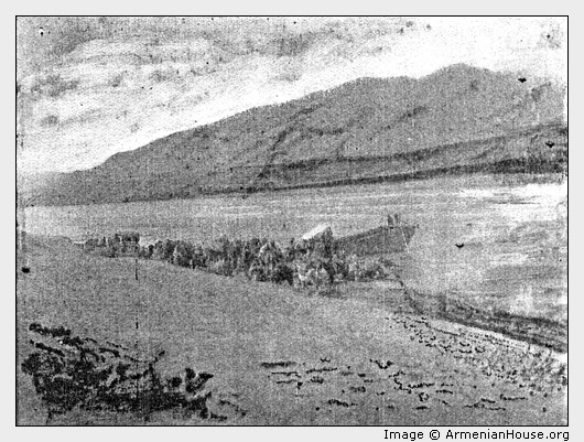 FIRST EXPEDITION EMBARKING ON FERRYBOAT, EUPHRATES RIVER.