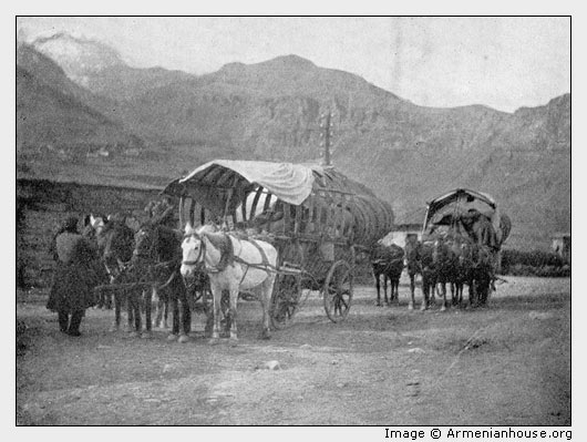 The Georgian Road. Native Carts at the Kazbek Post Station.